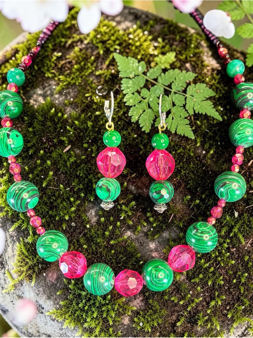 Handcrafted Green & Pink Bead Necklace with Matching Earrings